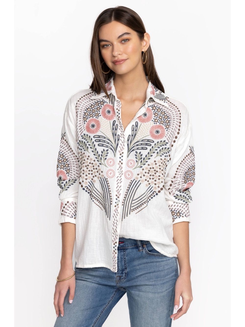 Johnny Was Palladium Natural Cotton Embroidered Floral Gauze Blouse